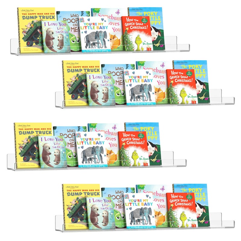 HBlife 36 Inches Invisible Wall Floating Bookshelf for Kids and Nursery 16 Inch Stud Spacing Clear Acrylic Shelves for Figures 4 Pack 5MM Thick