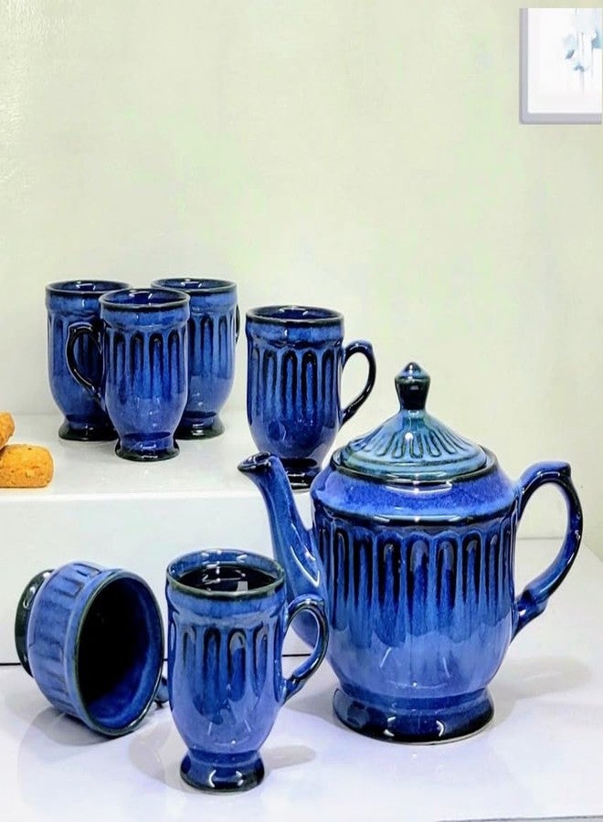KITTENS Ceramic Tea Set with Kettle - Blue - 6 Handcrafted Cups (140ml Each) - Microwave & Dishwasher Safe - Food Grade Ceramic - Elegant Gifting & Daily Use - Image 1