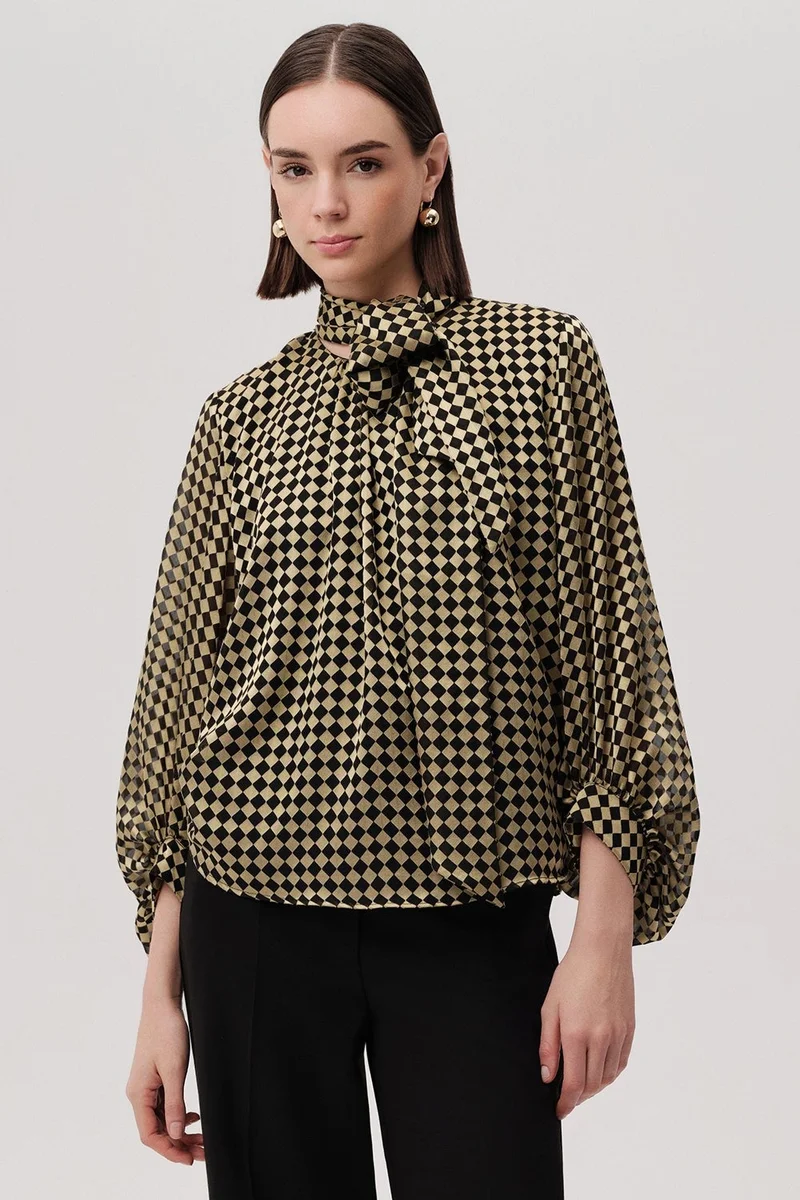 EXQUISE Patterned Balloon Sleeve Tie-Up Gold and Black Blouse