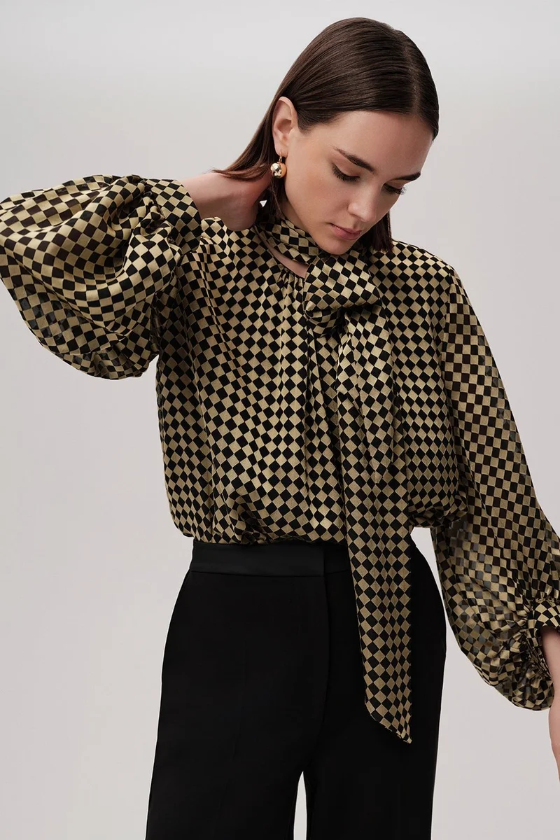 EXQUISE Patterned Balloon Sleeve Tie-Up Gold and Black Blouse