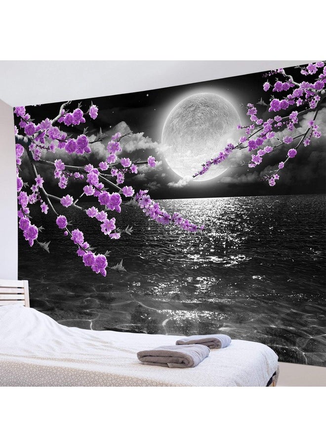 LB Large Full Moon Over Ocean Tapestry Wall Hanging Asian Purple Plum Blossom Wall Tapestry 3D Fantasy Watercolor Japanese Art Wall Art For Bedroom Living Room Dorm Home Decor 80 X 60 Inches  - Image 1