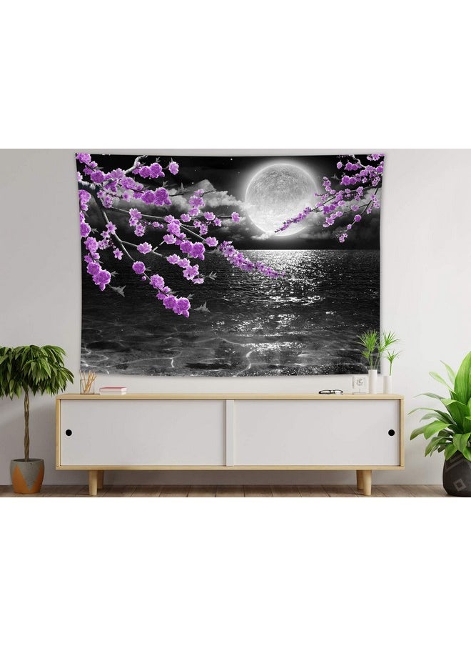 LB Large Full Moon Over Ocean Tapestry Wall Hanging Asian Purple Plum Blossom Wall Tapestry 3D Fantasy Watercolor Japanese Art Wall Art For Bedroom Living Room Dorm Home Decor 80 X 60 Inches  - Image 4