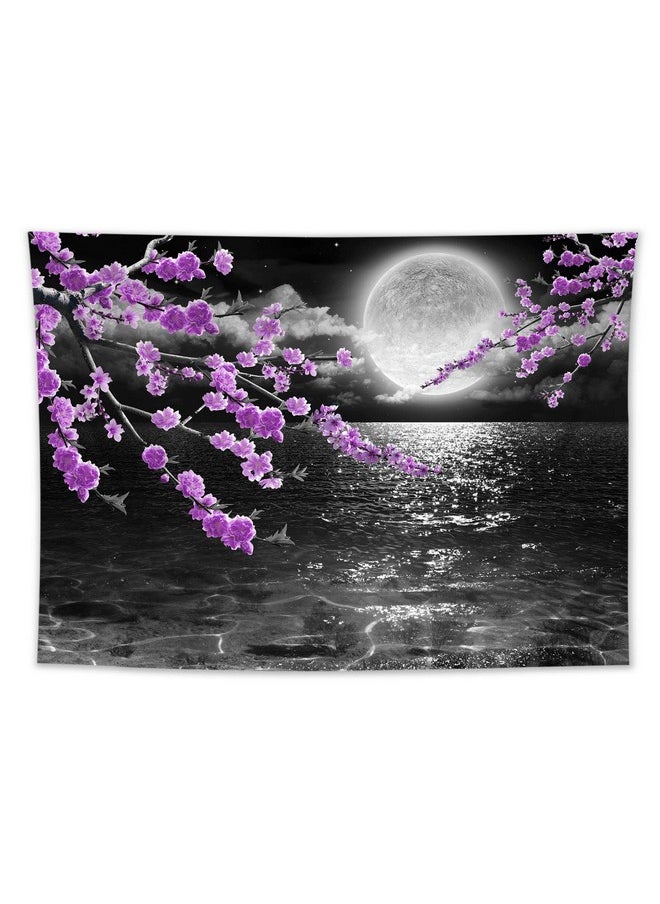 LB Large Full Moon Over Ocean Tapestry Wall Hanging Asian Purple Plum Blossom Wall Tapestry 3D Fantasy Watercolor Japanese Art Wall Art For Bedroom Living Room Dorm Home Decor 80 X 60 Inches  - Image 2
