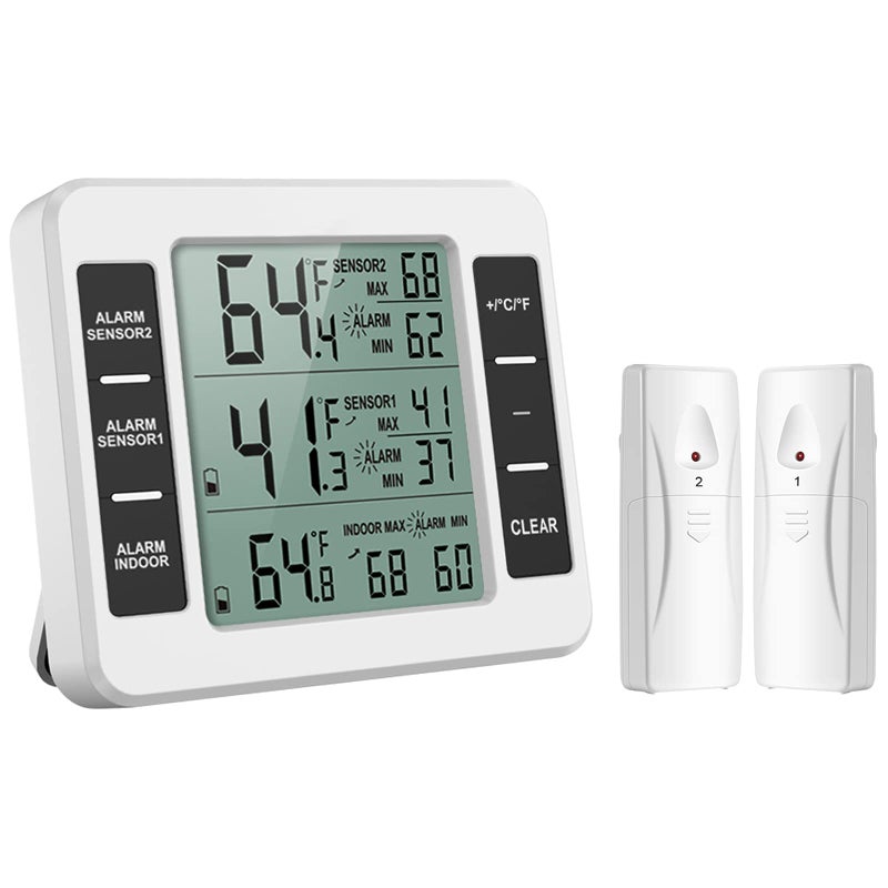 KeeKit KeeKit Refrigerator Thermometer Indoor Outdoor Thermometer with 2 Sensors Wireless Digital Freezer Thermometer with Audible Alarm Temperature Gauge MinMax Record for Home Kitchen  White 