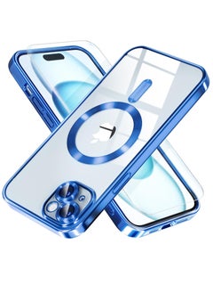 Magnetic for iPhone 13/14 Case Compatible with MagSafe [Never Yellowing] Full Camera Lens Protector Plating Soft Clear Phone Case for Women Girls, Deep Blue