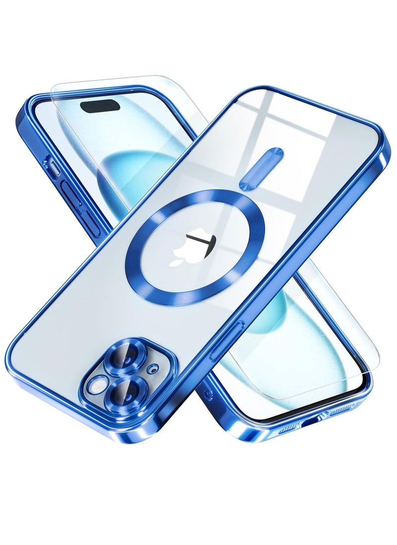 Generic - Magnetic for iPhone 13/14 Case Compatible with MagSafe [Never Yellowing] Full Camera Lens Protector Plating Soft Clear Phone Case for Women Girls, Deep Blue - Image 1