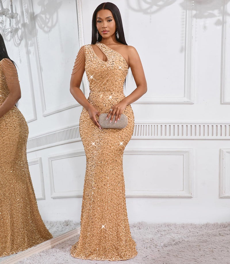 Cololura Women Sequin Elegant Sexy One Shoulder Tassel Oblique Collar Mermaid Bodycon Cocktail Evening Dress Apricot - Image 2