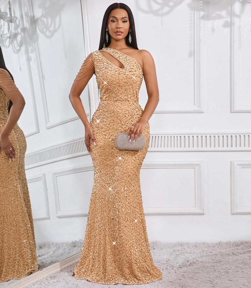 Cololura Women Sequin Elegant Sexy One Shoulder Tassel Oblique Collar Mermaid Bodycon Cocktail Evening Dress Apricot - Image 3