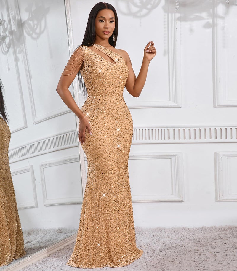 Cololura Women Sequin Elegant Sexy One Shoulder Tassel Oblique Collar Mermaid Bodycon Cocktail Evening Dress Apricot - Image 4