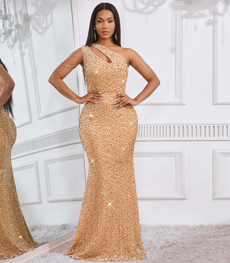 Cololura Women Sequin Elegant Sexy One Shoulder Tassel Oblique Collar Mermaid Bodycon Cocktail Evening Dress Apricot - Image 5