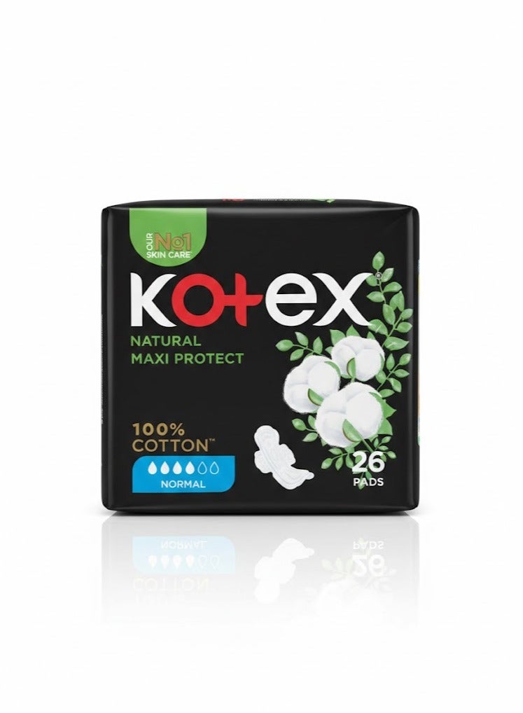 Kotex فوط كوتيكس ماكسي بروتكت السميكة، فوط صحية بحجم عادي مع أجنحة، 26 فوطة صحية - Image 1