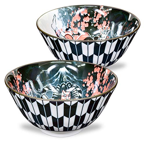 Mino Ware Japanese Rice Bowl, Rice Ramen Noodle Soup Sarada Pasta, Kabuki Design Chawn, 2.5 inch 8.4oz, Set of 2 - Image 1