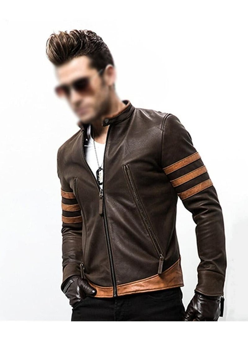 SYOSI - PU Leather Locomotive Coat for Men, Zipper Jacket Motorcycle Jacket Zippered Coats Stylish Jackets Slim Coats Casual Jacket(Color : Dark Brown, Size : X-Large) - Image 1
