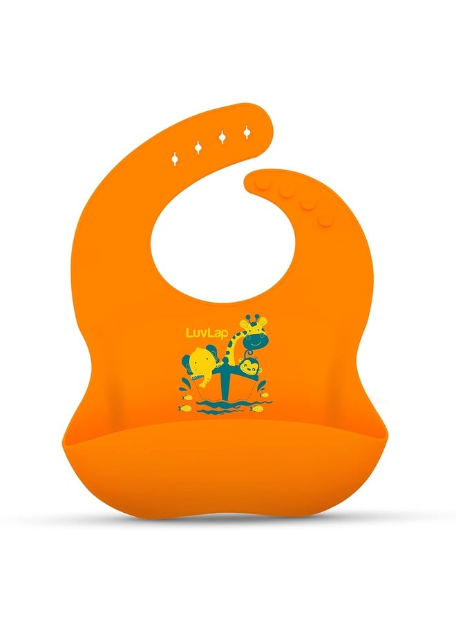 Luvlap Silicone Baby Bib for Feeding & Weaning Babies & Toddlers, Waterproof, Washable & Reusable, Non Messy Easy Cleaning, No Bad Odour, Adjustable Neckline with Buttons (Orange) - Image 1