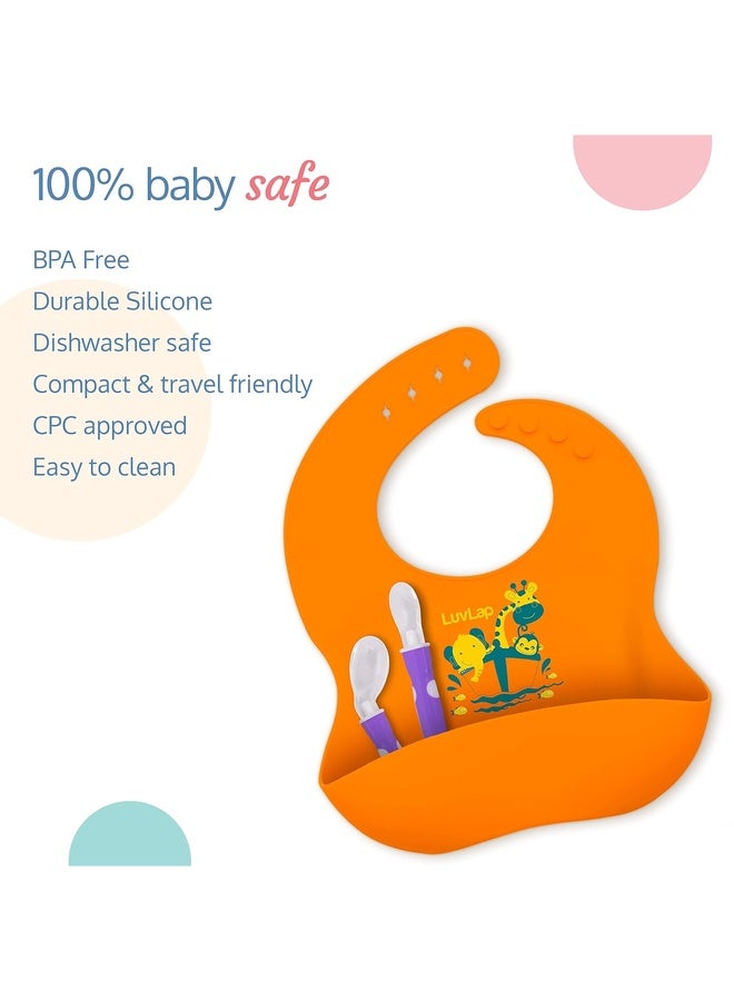 Luvlap Silicone Baby Bib for Feeding & Weaning Babies & Toddlers, Waterproof, Washable & Reusable, Non Messy Easy Cleaning, No Bad Odour, Adjustable Neckline with Buttons (Orange) - Image 2