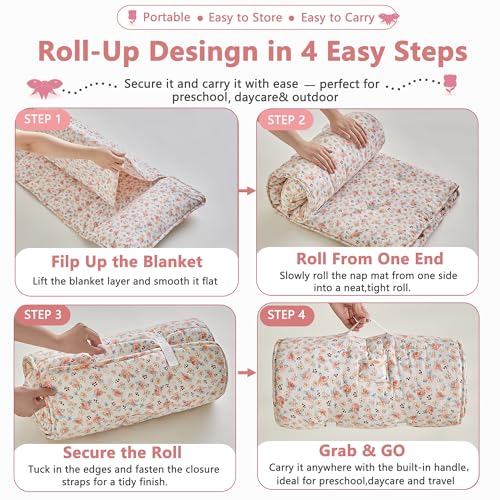 DuShow Toddler Nap Mat with Pillow and BlanketSoft Slumber Bags for GirlsKids Sleeping Bags with Roll Up DesignPink Floral Nap Mats for PreschoolDaycareKindergartenFits Ages 36 YearsPink - Image 3