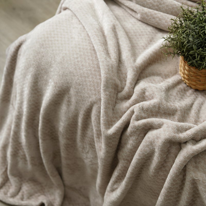 MORANO Velvet Soft Blanket | Double Size 220x240 cm | Plush Checkers Texture 310 gsm | Color - Sandy Beige | Ideal for Beds, Sofa or Travel - Image 3