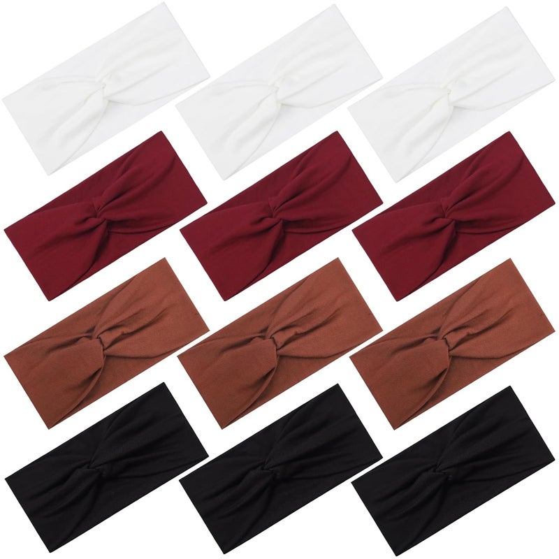 Panleding 12 Pcs Stretchy Headbands for Women, Absorbed Sport Headband Soft Twist Knotted Hairbands for Daily Life Yoga Workout(Black/Brown/White/Red) - Image 1