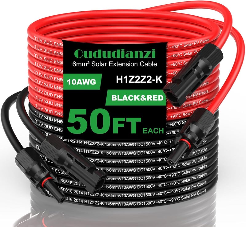Oududianzi كابل تمديد شمسي 50 قدم، سلك شمسي 10AWG، سلك نحاسي مطلي بالقصدير 10 قياس، أسلاك ووصلات الألواح الشمسية للأسطح المنزلية، المركبات الترفيهية، القوارب، والتخييم - Image 1