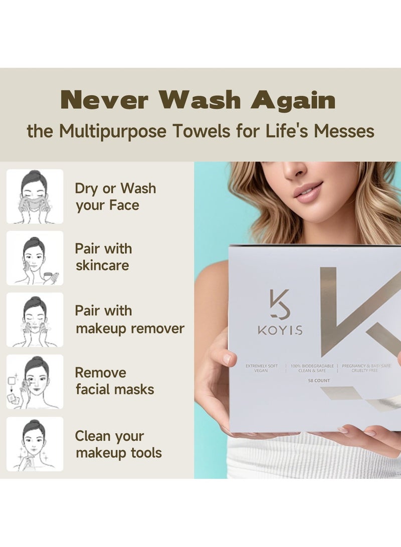 KOYIS Face Towels Disposable Biodegradable Dry Wipes for Sensitive Skin,Plant Long Fiber Facial Cotton Pad Towels for Washing Face,Skincare and Makeup Remover,With Dust-proof Magnetic Cover,30x25 CM(58 pcs)  - Image 5