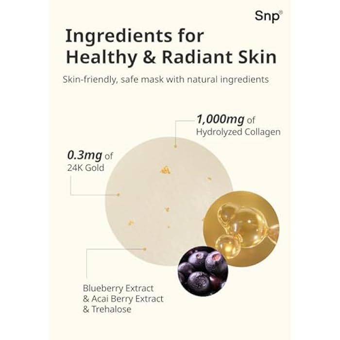 SNP 1000mg Collagen + 24K Gold Ampoule Sheet Mask | Collagen Face Masks Skincare | Tightening, Hydrating, and Nourishing | Korean Skin Care | Overnight Face Masks | Moisturizing Face Mask | 10 Sheets - Image 5