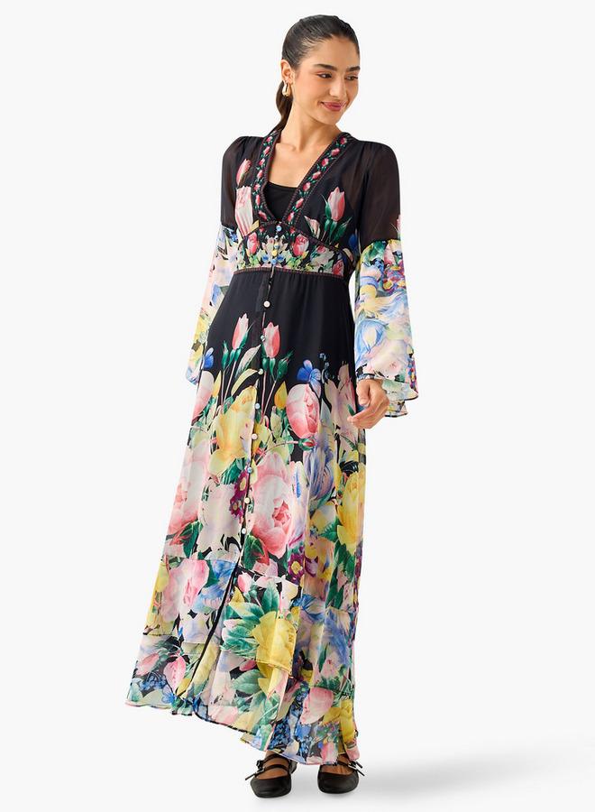 2Xtremz All-Over Floral Print A-line Dress with Bell Sleeves - Image 1