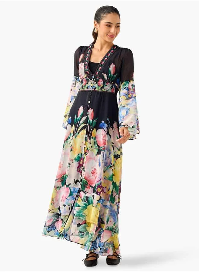 تواكستريمز 2Xtremz All-Over Floral Print A-line Dress with Bell Sleeves