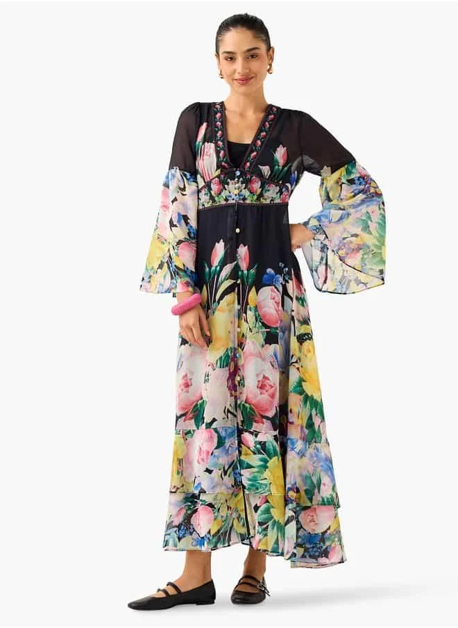 2Xtremz 2Xtremz All-Over Floral Print A-line Dress with Bell Sleeves