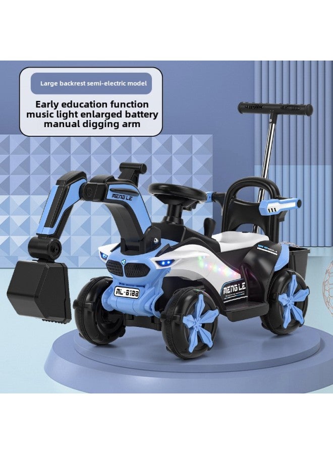 Children's Electric Excavator Toy Car Children's Seatable Hook Machine Engineering Car Large Boy Remote Control Excavator-Color:[Guardrail Electric/Sliding Dual-Purpose + Push Handle] Blue ☆ Manual Digging Arm + Light Music-Proportion:Official Standard  - Image 1