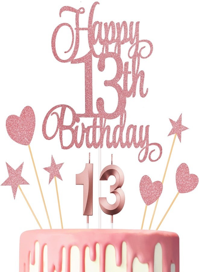 Lecferrarc 13th Birthday Cake Decorations, 13th Birthday Candles Cake Numeral Candles and Glitter Happy 13th Birthday Cake Toppers Set for Birthday Party Supplies (Rose Gold) - Image 1