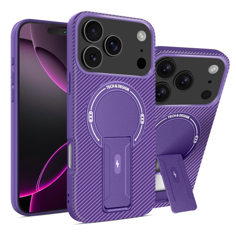 erorex For iPhone 17 Pro Max Carbon Fiber Texture MagSafe Phone Case with Holder(Purple) - Image 1