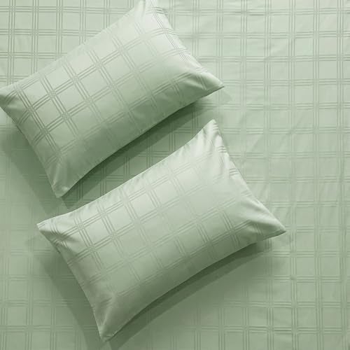 Urban Space 100% Cotton 300TC Jacquard bedsheets for King Size Bed, Pure Cotton Bedsheet King Bed, Checks bedsheet King Size with 2 Pillow Covers (108 x 108 Inches, Sage Green Checks) - Image 1