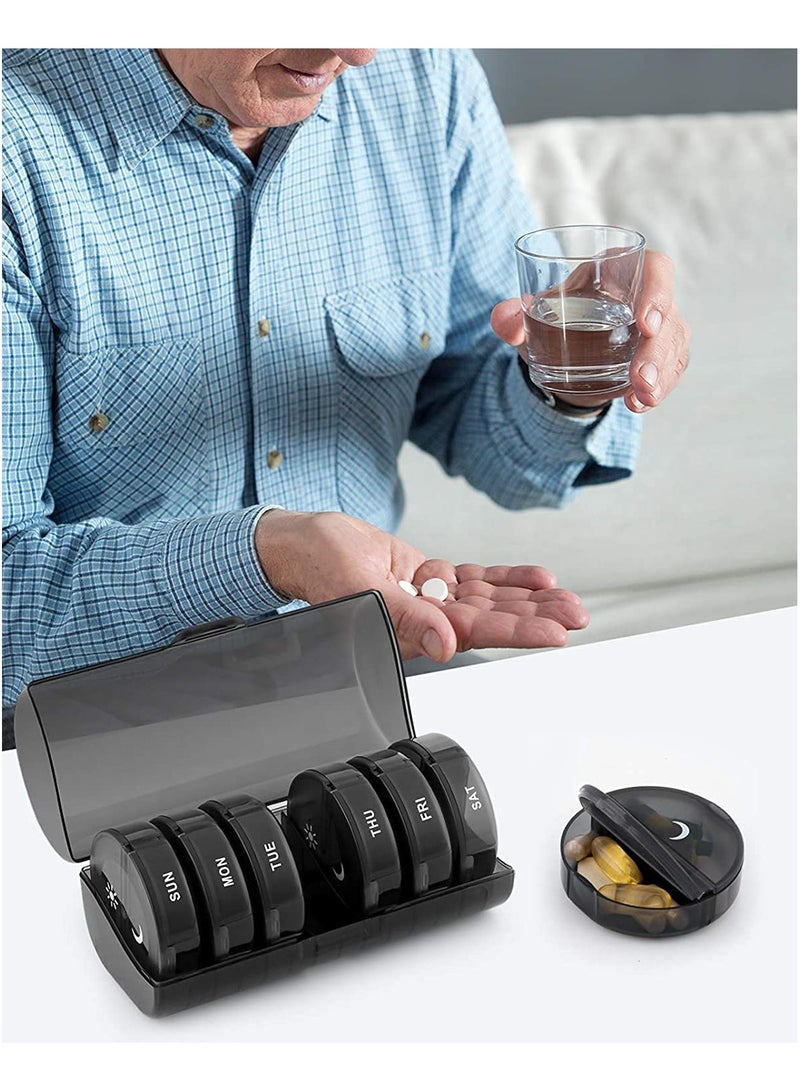 Weekly Pill Organizer 2 Times A Day, Portable Travel Round Pill Box 7 Day With Large Compartments, Portable Travel Pill Case for Vitamins, Medicine, Fish Oils, Supplements (Black) - Image 5
