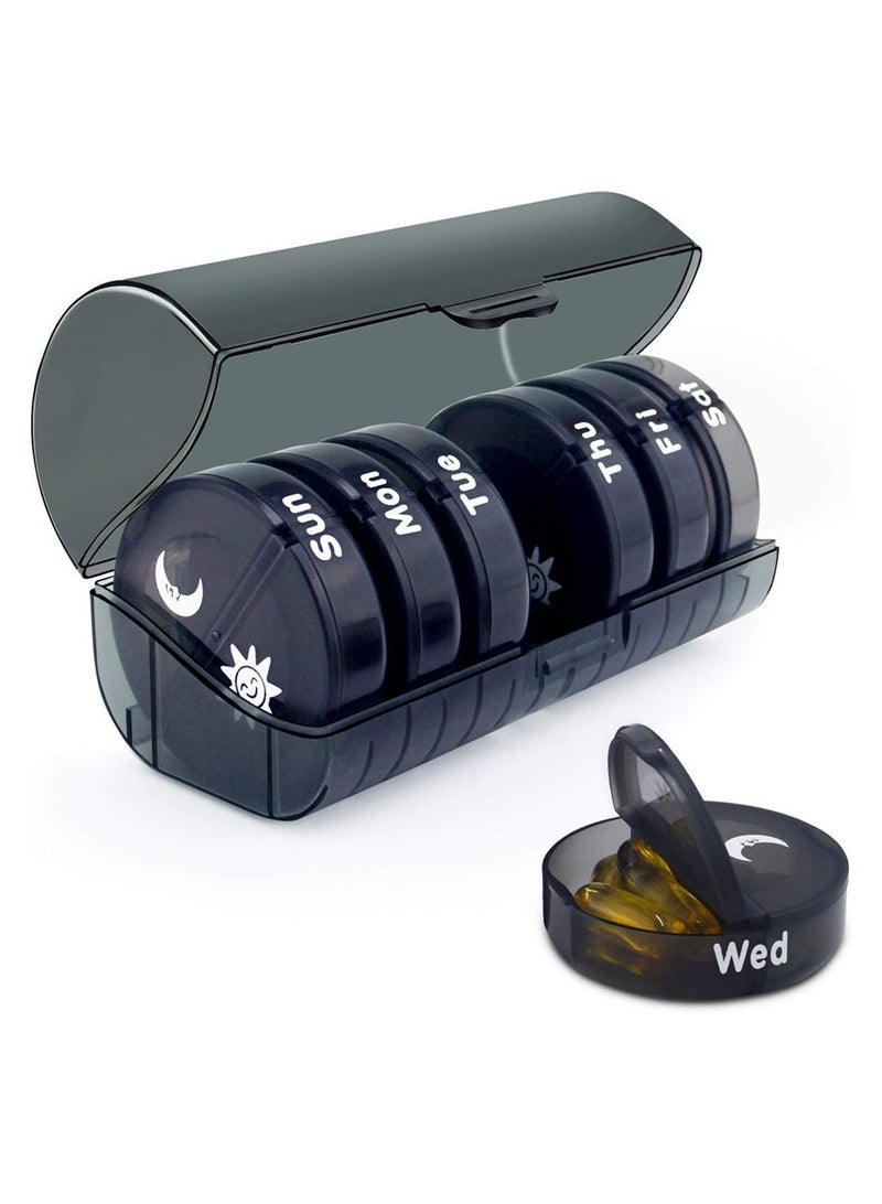 Weekly Pill Organizer 2 Times A Day, Portable Travel Round Pill Box 7 Day With Large Compartments, Portable Travel Pill Case for Vitamins, Medicine, Fish Oils, Supplements (Black) - Image 1