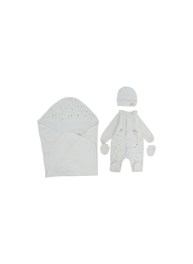 Berceau Unisex Baby Cotton Gift Clothes Box – Off-White with Golden Stars Design 4 Pcs - Image 1