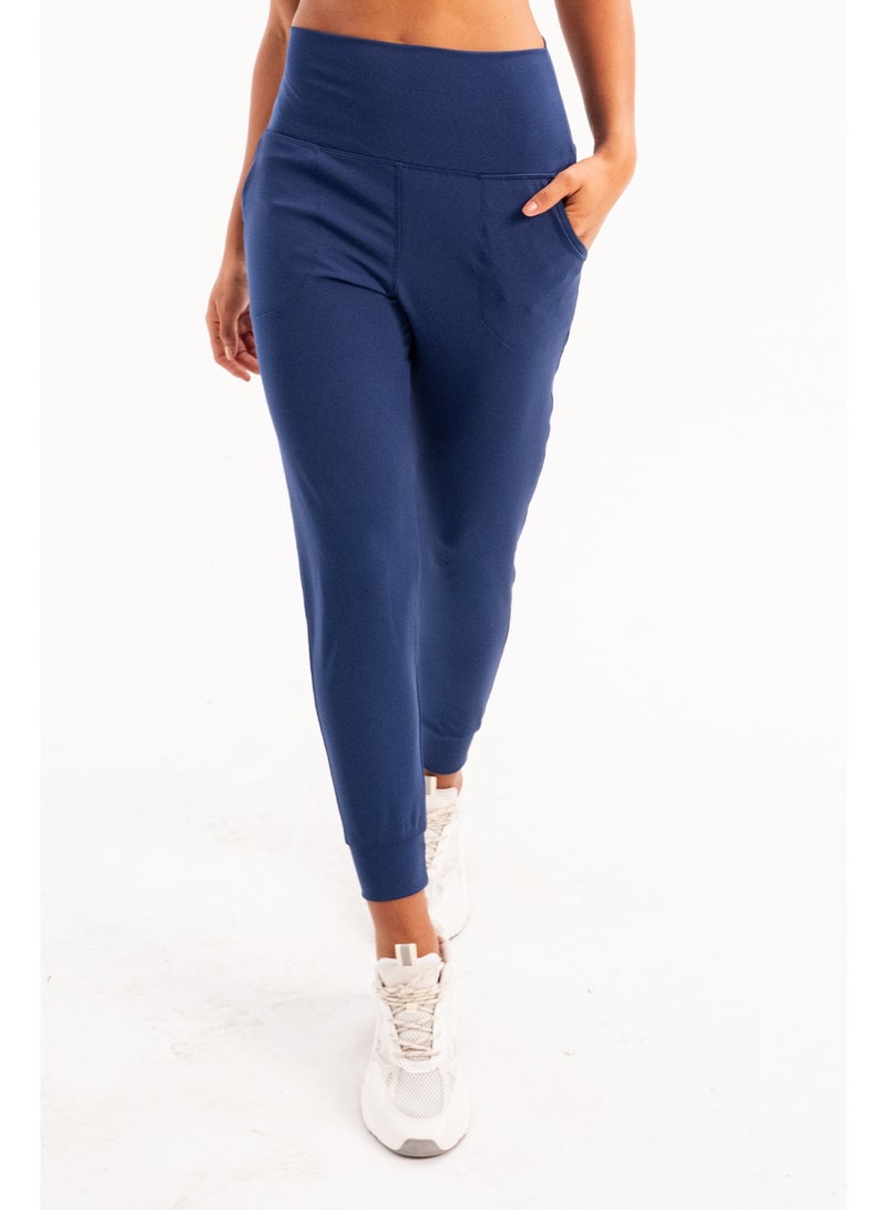 JUSTEVER High Waist Elastic Pocket Relaxed Cut Slimming Jogger Navy Blue Women's Sweatpants - Beat - Image 3