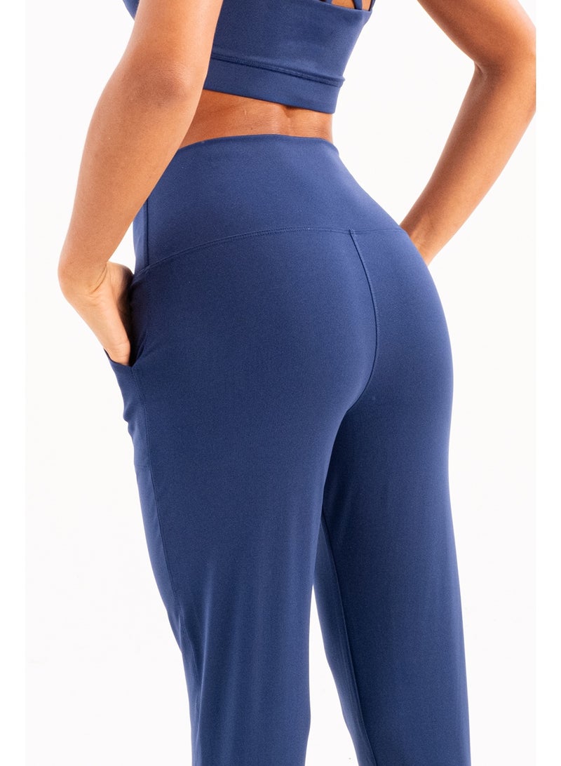 JUSTEVER High Waist Elastic Pocket Relaxed Cut Slimming Jogger Navy Blue Women's Sweatpants - Beat - Image 5