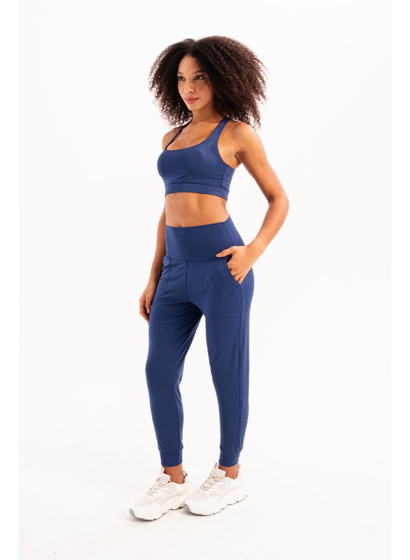 JUSTEVER High Waist Elastic Pocket Relaxed Cut Slimming Jogger Navy Blue Women's Sweatpants - Beat - Image 1