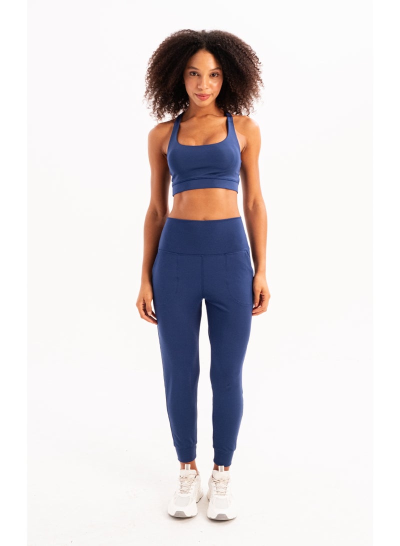 JUSTEVER High Waist Elastic Pocket Relaxed Cut Slimming Jogger Navy Blue Women's Sweatpants - Beat - Image 2