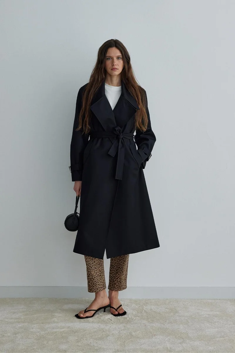 Suud Collection Saud Collection Black Rowe Gabardine Trench Coat