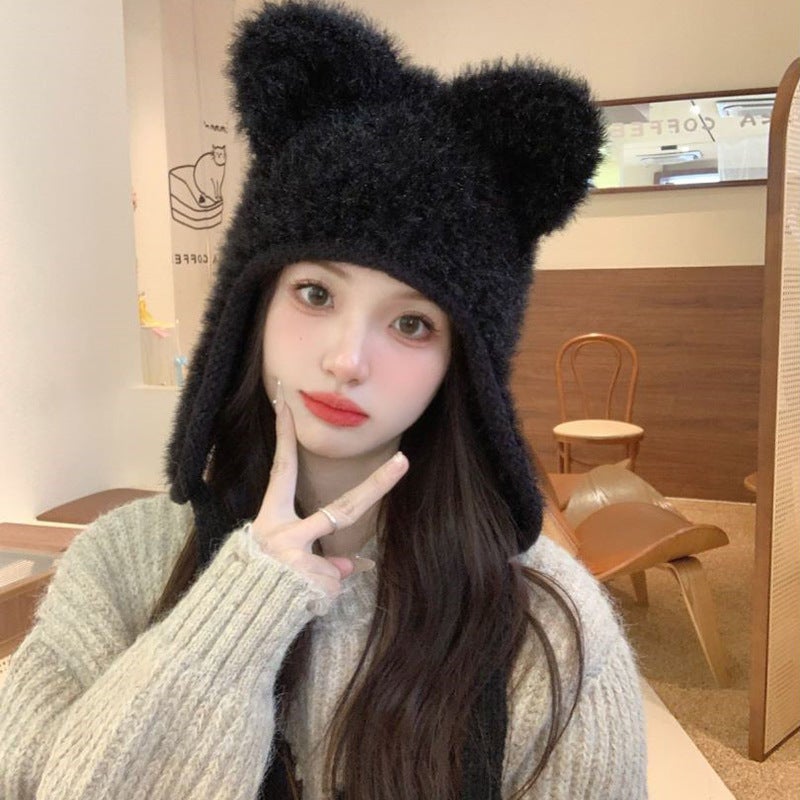 2024 New Bear Ear Plush Hat for Children Autumn and Winter Cute Thickened Warm Ear Protection Dopamine Wool Hat Black