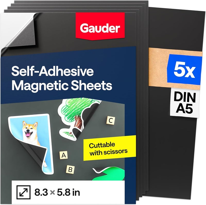 GAUDER Self-Adhesive Magnetic Sheet – Cut Out Magnetic Film for Photos, DIY and Signs – Adhesive Magnet for Home, School and Office (5 Pieces – DIN A5-210 x 148 mm) - Image 1