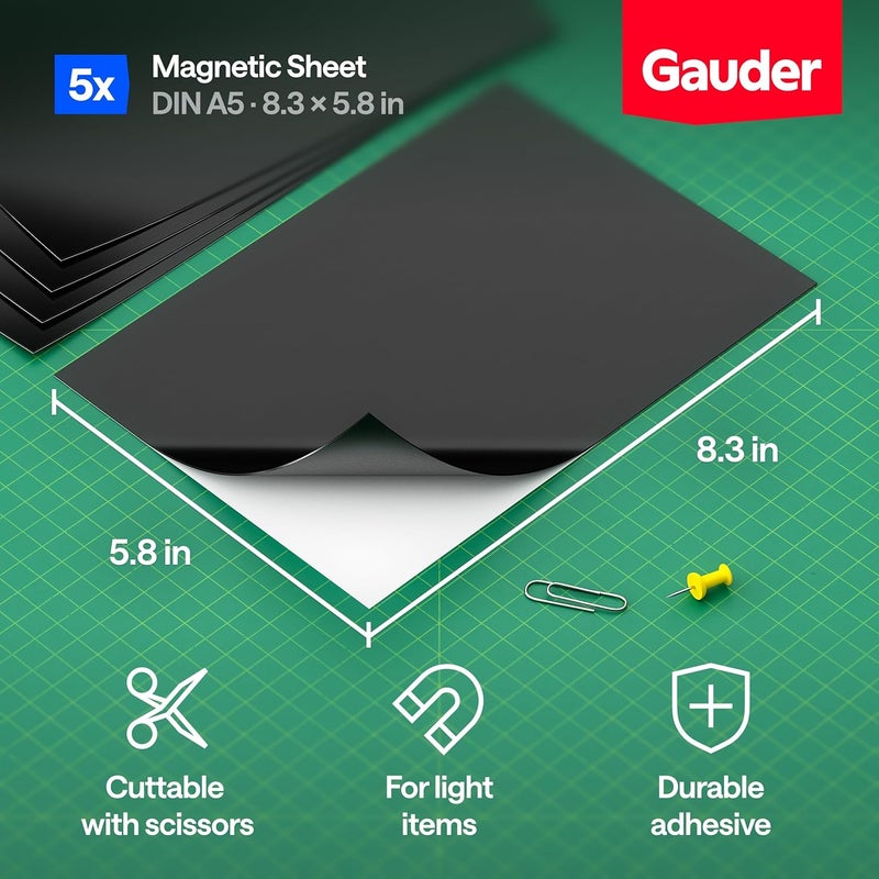 GAUDER Self-Adhesive Magnetic Sheet – Cut Out Magnetic Film for Photos, DIY and Signs – Adhesive Magnet for Home, School and Office (5 Pieces – DIN A5-210 x 148 mm) - Image 3