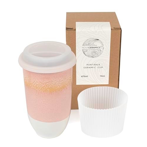 NOVA CERAMICS Travel Mug On the Go Coffee Mug Microwave  Dishwasher Safe Green Tumbler  Gifts For Women Men 16oz Afterglow