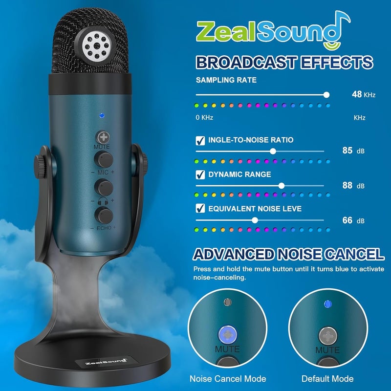 ميكروفون ألعاب USB من ZealSound، ميكروفون مكثف للكمبيوتر الشخصي، ميكروفونات تشغيل وتوصيل لأجهزة PS4 وPS5. التحكم في المراقبة ومستوى الصوت، التحكم في كسب الميكروفون، زر كتم الصوت لتطبيق TikTok، بودكاست يوتيوب على Mac وWindows (أزرق مخضر) - Image 3