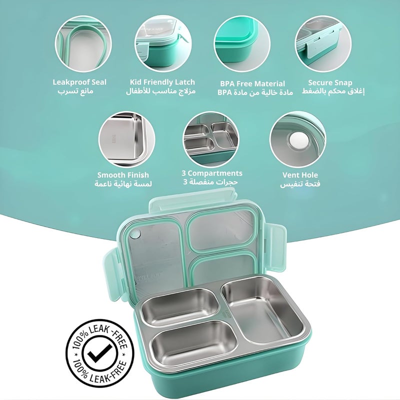 Cravista Bento Lunch Boxes, Leak Proof Stainless Steel Lunch Box for Kids, BPA Free Bento Box for Kids and Adults | Tiffin Box for Office and School (Green, 620 ML, 3 Compartment) - Image 2