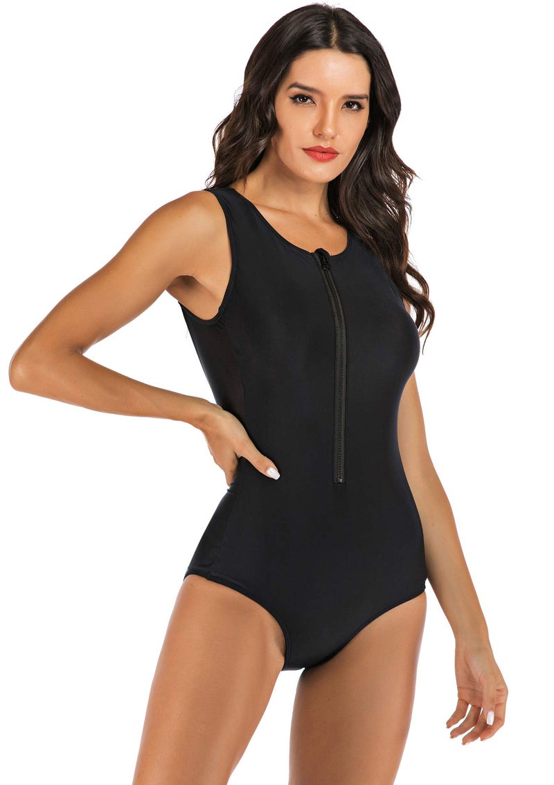 YATEEN Womens Rash Guard Zip Front Sleeveless One Piece Swimsuit Black - Image 2