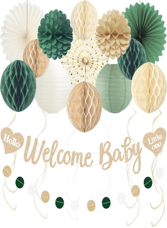 Aonor Sage Green Baby Shower Decorations Boy, Pre-Strung Welcome Baby Sign with Honeycomb Balls, Paper Flowers, Lanterns, Fans, Hanging Swirls, Circle Dots Garland for Boy Baby Shower Decorations 24pcs - Image 1