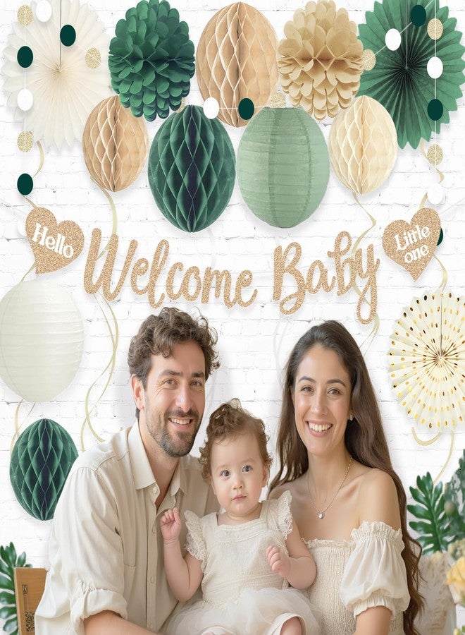 Aonor Sage Green Baby Shower Decorations Boy, Pre-Strung Welcome Baby Sign with Honeycomb Balls, Paper Flowers, Lanterns, Fans, Hanging Swirls, Circle Dots Garland for Boy Baby Shower Decorations 24pcs - Image 5