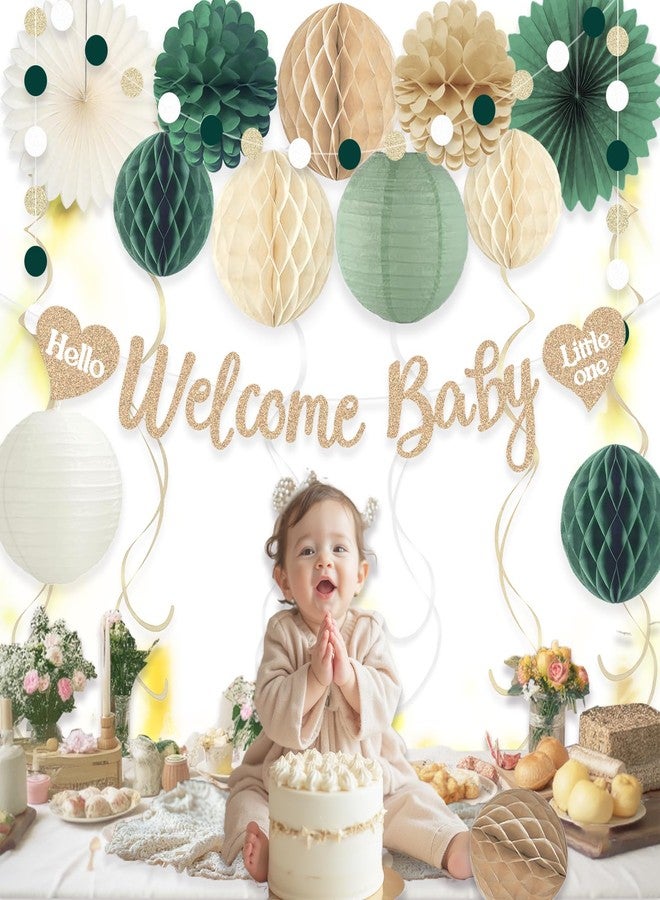 Aonor Sage Green Baby Shower Decorations Boy, Pre-Strung Welcome Baby Sign with Honeycomb Balls, Paper Flowers, Lanterns, Fans, Hanging Swirls, Circle Dots Garland for Boy Baby Shower Decorations 24pcs - Image 2